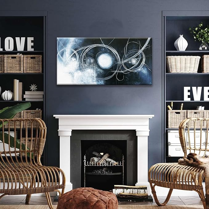 TAIJXAGSG Canvas Wall Art Decor Artwork Modern Paintings Dark Blue Wall Decorations Maximalist White Line Abstract Wall Art Prints For Wall Bedroom Kitchen Office Artwork Ready To Hang 20"×40"