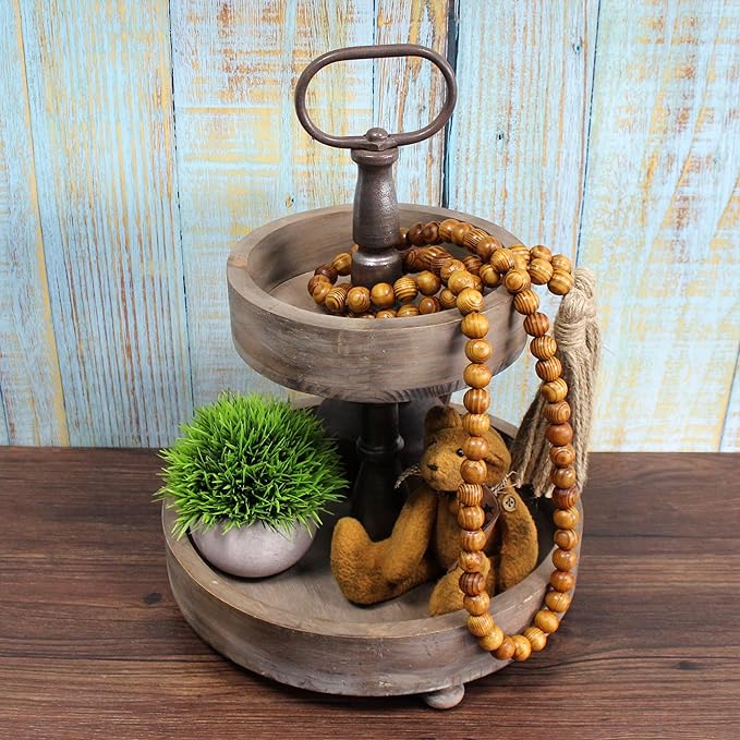 CVHOMEDECO. Wood Grain Beads Garland with Tassels Farmhouse Rustic Wooden Prayer Bead String Wall Hanging Accent for Home Festival Decor. Tan