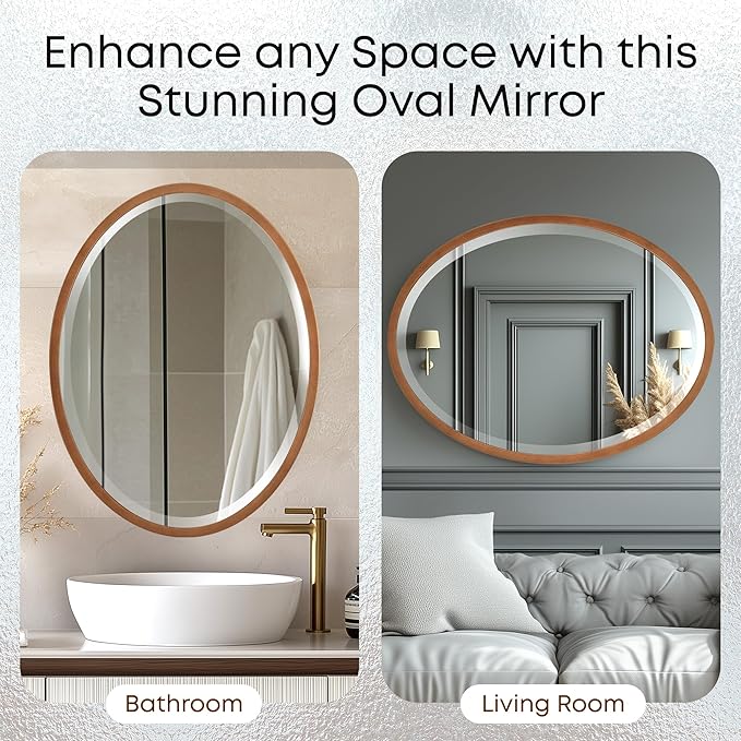 OVALCREST - Oval Wooden Beveled Wall Mirror for Home Decor, Bathroom, Vanity, Bedroom, Living Room, Hallway - London Style (Sunset Gold) 31.1 x 41.1