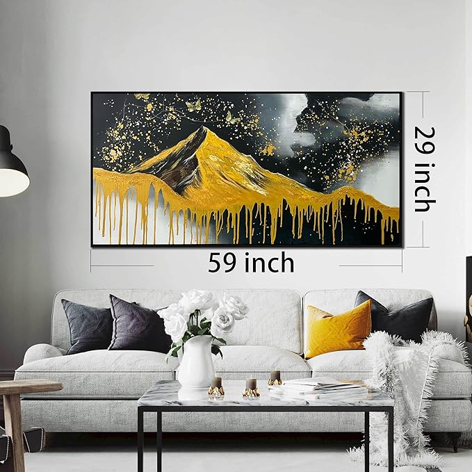 Gold Mountains Painted Wall Art for Living Room - Hand Painted Abstract Wall Art for Office - Black Framed Wall Art for Bedroom Size 29" x 59"