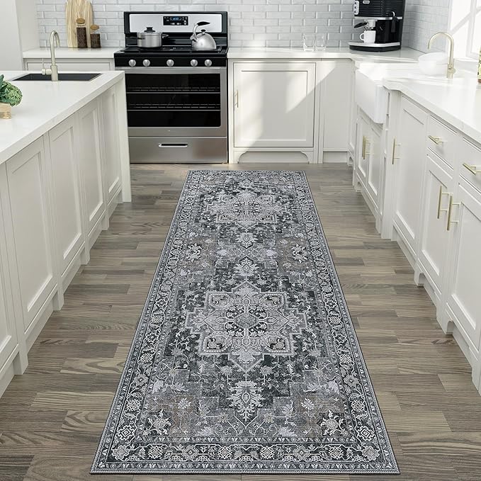 GENIMO 2'6''x10 Runner Rugs for Hallway, Machine Washable Non Slip Vintage Rugs, Low Pile Lightweight Soft Print Rug for enrtyway, Corridor, Home Office, Kitchen,Dark Gray