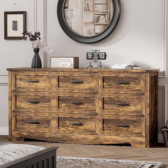 Dresser for Bedroom with 9 Drawers, 59" Wide Wood Chest of Drawers with Deep Drawers & Mental Handle, Modern Dresser TV Stand, Wooden Closet Storage Organizer for Living Room, Hallway, Entryway, Brown
