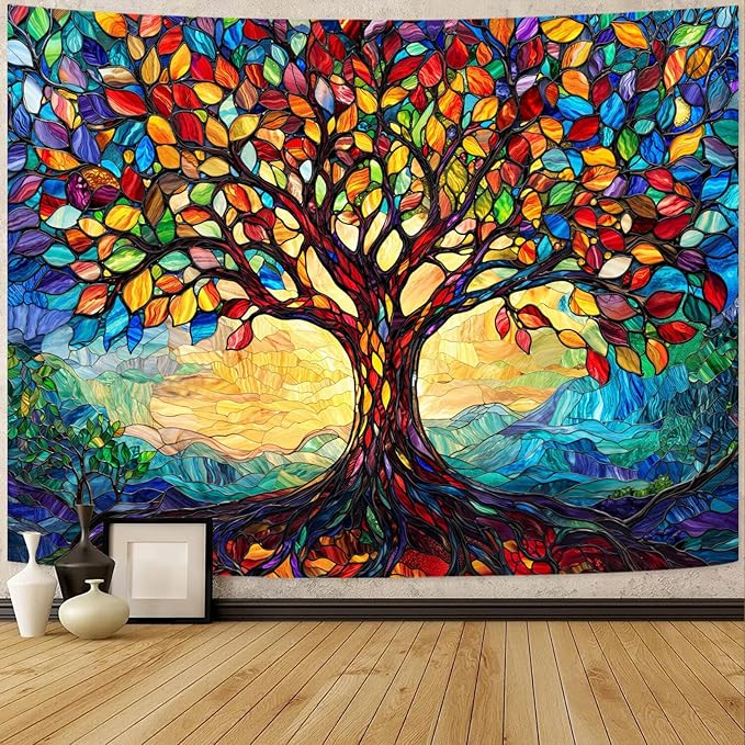 Lunerfex Tree of Life Tapestry Stained Glass Tapestry Wall Decor Tapestries for Bedroom Art Tapestries Wall Hanging for Bedroom Living Room Glass-Tree-01 70"x90"