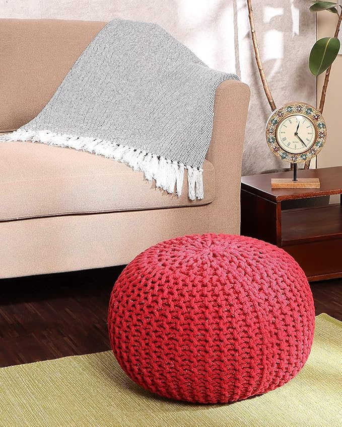REDEARTH Round Pouf Ottoman - Hand Knitted Cable Boho Poof - Foot Stool Bean Bag - Home Décor Stuffed Footrest for Living Room - Nursery - Bedroom - 100% Cotton Poufs (19.5"x19.5"x14") - Red