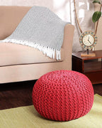 REDEARTH Round Pouf Ottoman - Hand Knitted Cable Boho Poof - Foot Stool Bean Bag - Home Décor Stuffed Footrest for Living Room - Nursery - Bedroom - 100% Cotton Poufs (19.5"x19.5"x14") - Red
