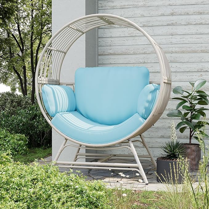 Egg Chair Outdoor Indoor, Oversized Rattan Chair with Thicken Cushion, 350LBS Capacity Wicker Patio Lounge Chair, Basket Chair for Living Room Balcony Porch Backyard, Blue