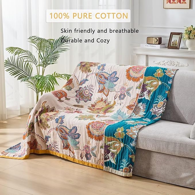 Boho Throw Blanket for Couch,100% Cotton Summer Blanket for Bed, Ultra Soft Rustic Quilt for Bed, Home Decor, Boho Picnic Blankets with Pomegranate for All Seasons 60"x80"