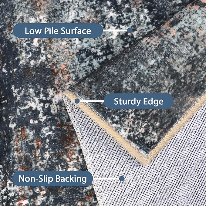 Area Rugs 8x10 for Living Room Bedroom, Modern Abstract Machine Washable Rug, Large Soft Low Pile Floor Cover with Non Slip Backing for Dining Room, Dark Blue Rust