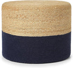 REDEARTH · Cylindrical Pouf Foot Stool Ottoman - Jute Braided Pouffe Poof Accent Sitting Footrest for Living Room, Bedroom, Nursery, Patio, Lounge & Other Rooms (Navy Natural, 18"x18"x14")