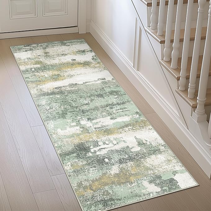 Runner Rug for Hallway Kitchen, 2'6"x7' Machine Washable Runners Rug for Entryway, Soft Modern Abstract Throw Rugs, Low Pile Floor Cover with Non Slip Backing, Light Green