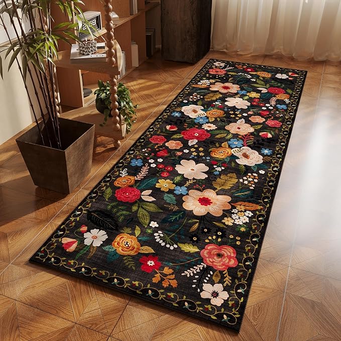 Runner Rug for Hallways Kitchen Rug Non Slip 2'6''x8' Washable Runner Rugs with Rubber Backing Soft Floral Carpet Runner for Hallways, Kitchen, Laundry, Bedroom, Bathroom(Black)