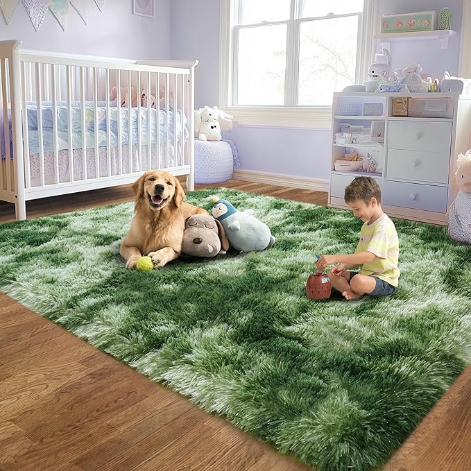 Soft Plush Shag Rug 5x7, Ultra Fluffy Rug for Living Room Bedroom, Non-Slip Fuzzy Large Area Rug for Living Room, Carpet for Girl Boy Kids, Modern Indoor Home Decor Aesthetic, Tie-Dyed Green