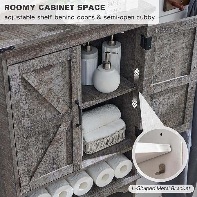 Over The Toilet Storage Cabinet, Farmhouse Bathroom Cabinet with Adjustable Shelf & Barn Door, 67" Tall Over The Toilet Shelf, Grey Wash