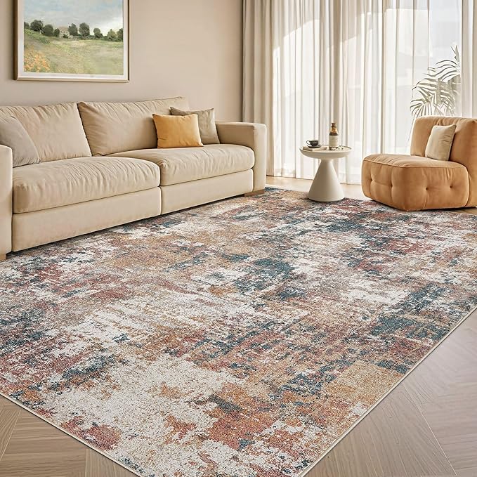 Tortania Washable 7x9 Area Rug for Living Room: Modern Abstract Neutral Large Soft Thin Rugs - Non Slip Indoor Carpet for Bedroom Dining Room Office Nursery Home Floor Decoration - Colorful Multi