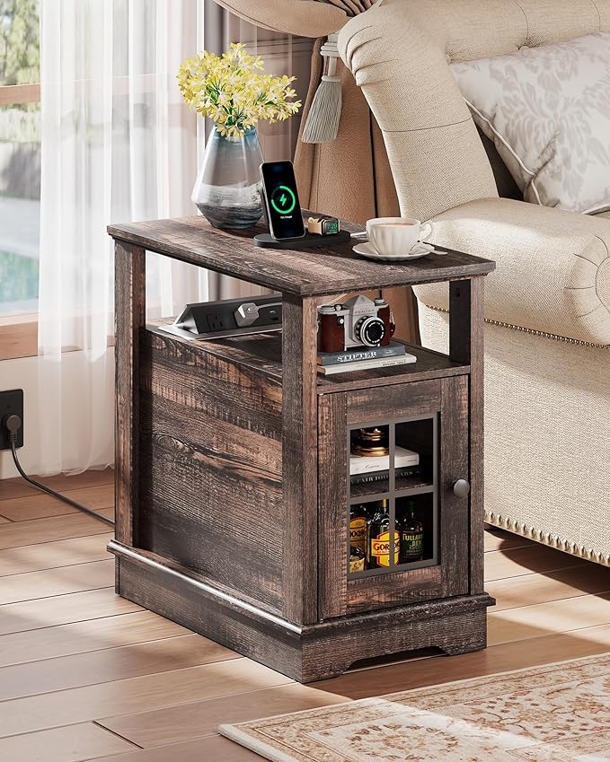 WLIVE Farmhouse End Table with Charging Station, Narrow Side Table for Living Room, Night Stand with Storage , Small Wooden Cabinet with USB Ports and Outlets for Bedroom, 23.62"D x 13.98"W x 23.7"H