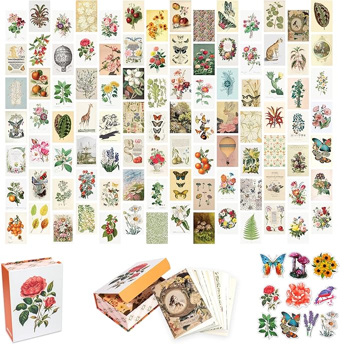 Artivo Wall Collage Kit Aesthetic Pictures, Vintage Wall Collage Kit 100 set 4x6, Bedroom Decor for Teen Girls, Botanical Flower Collage Kit for Wall Aesthetic Posters, Photo Collection