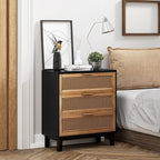 COZAYH Farmhouse 3-Drawer Nightstand, Woven Cane Front Accent Dresser with Brass Pull, Fully-Assembled, Black