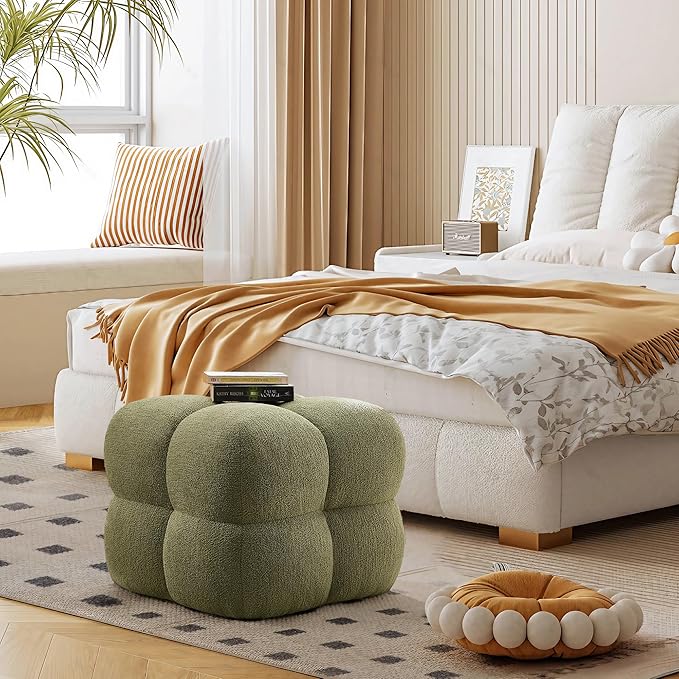 ONEVOG Olive Green‌ Modern Ottoman, 21" Square Fuzzy Couch Sherpa Pouf Ottoman, Tufted Cute Boucle Fabric Foot Stools, Upholsered Footrest & Coffee Table & Vanity Chair for Living Room Bedroom, Dorm