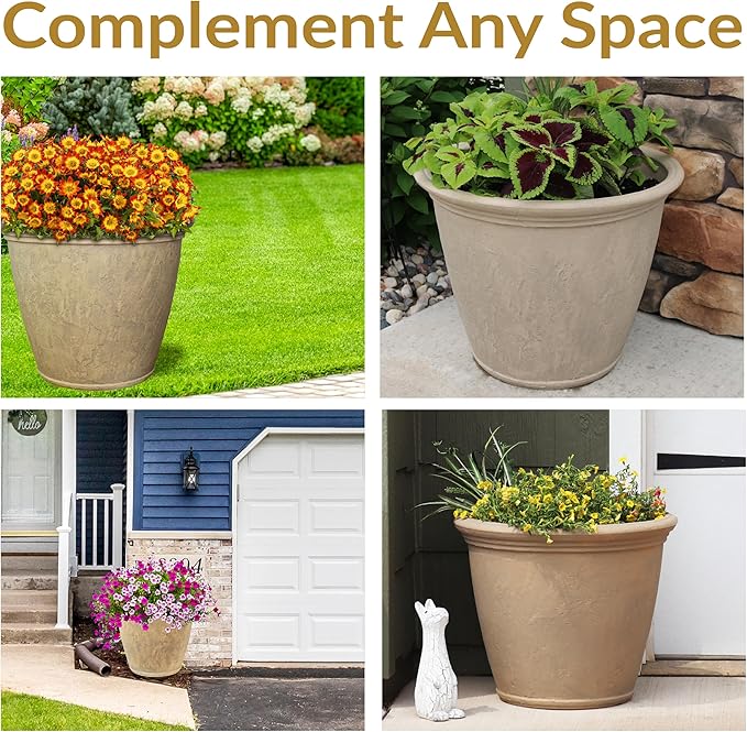 Sunnydaze 24-Inch Anjelica Large Plastic Pot for Plants - Outdoor Polyresin Round Planter with Drillable Drainage Holes - Beige - 4pk