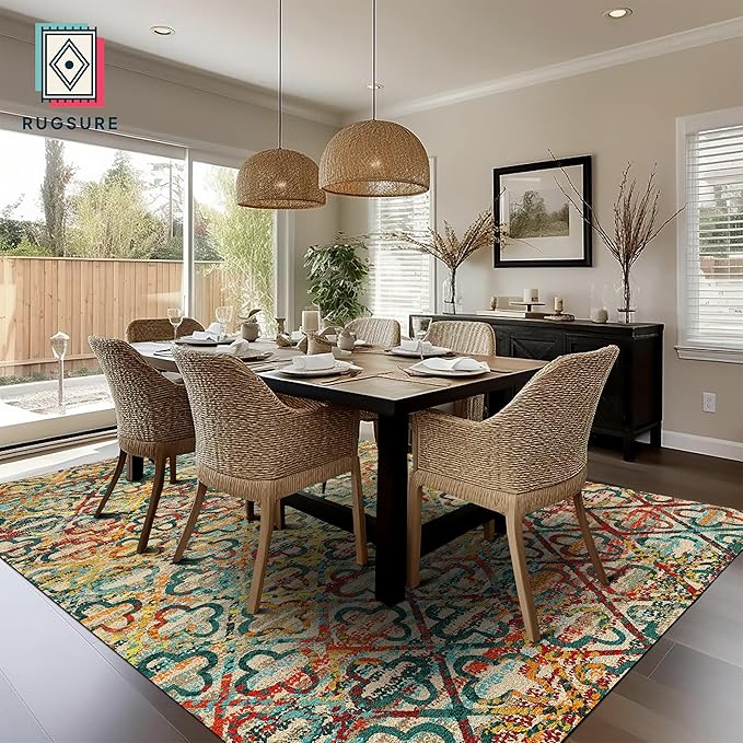 RUGSURE Washable Area Rugs, 6' x 9' - 1/6 Thick - Stain & Water Resistant Non-Slip - Perfect Resistant Rug for Living Room, Bedroom, Nursery, Pet & Child Friendly, Vibrant Colors Rugs, Multicolor