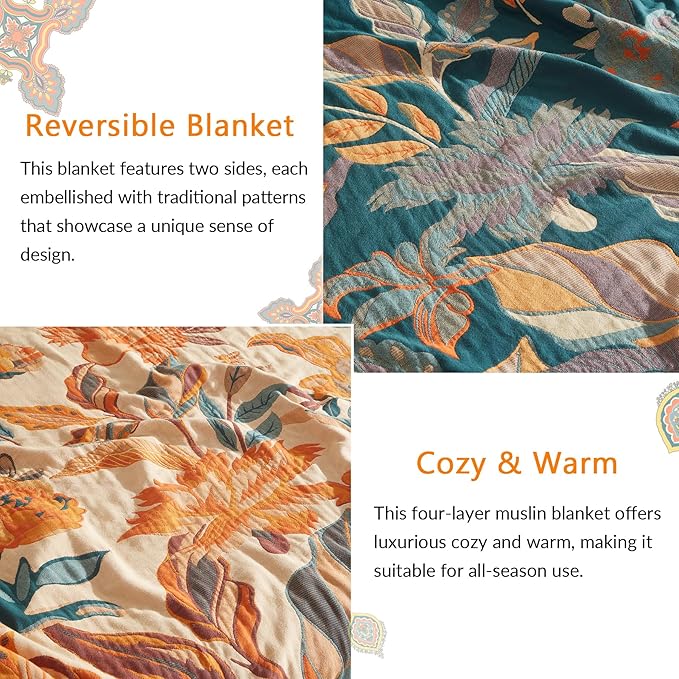 Boho Throw Blanket for Couch Sofa Bed, 100% Cotton Woven Quilt with Tassel 60”x80”, Super Soft Muslin Blanket with Floral Printed, Decorative Reversible Bed Blanket/Cover for All Seasons