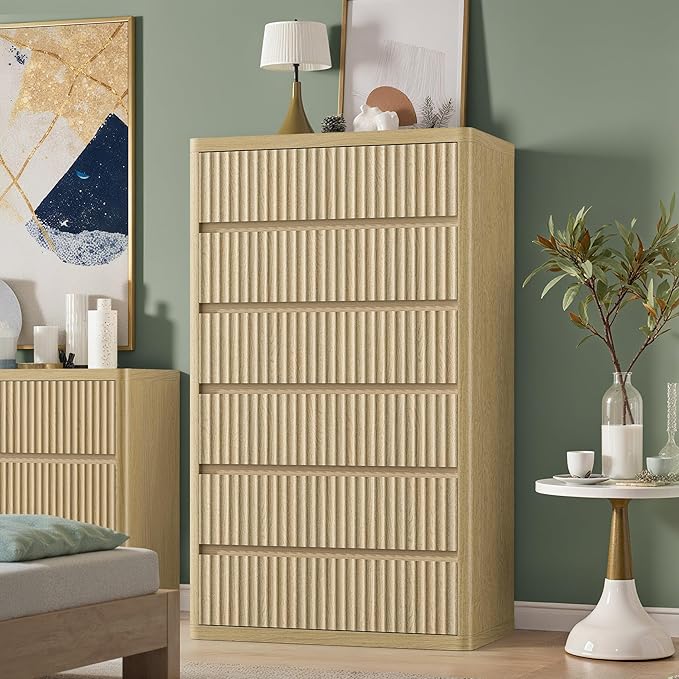 Fluted 6 Drawers Dresser for Bedroom, 56" Tall Modern Chest of Drawers with Curved Profile, Wooden Dressers Drawer Closet Clothes Storage Organizer for Living Room, Hallway, Natural