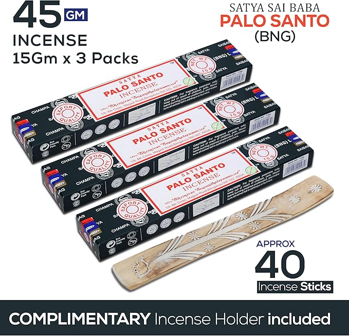 Satya Nagchampa Palo Santo Incense Sticks, Satya Bng (Bangalore) Insenses 15gmx3 Pack (45 GMS) with Raajsee Incense Holder Bundle, Satya Nagchampa Natural Incense