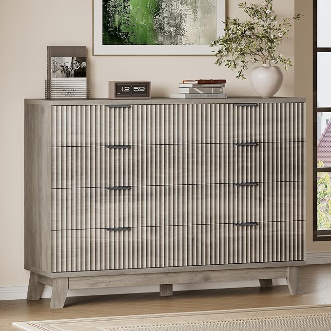 53" Tall Dresser for Bedroom, 8-Drawer Fluted Chest of Drawers, Modern Wood Highboy with Metal Slides and Handles, Anti-Tip Kit, Vertical Clothes Storage Organizer for Apartment, Closet