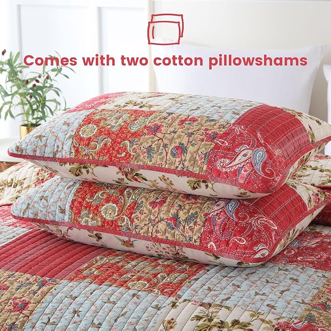 Secgo Queen Size Comforter Set- 100% Cotton Quilt Queen Size Set, Green, Sage bedspreads (90 * 96 Inch) with 2 Pillow Shams, Patchwork Reversible Lightweight Bedding