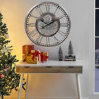 CLXEAST 28 Inch Original Real Moving Gear Wall Clock Roman Numerals,Oversized Large Wall Clocks for Modern Farmhouse Living Room Home Decor,Brushed Gunmetal
