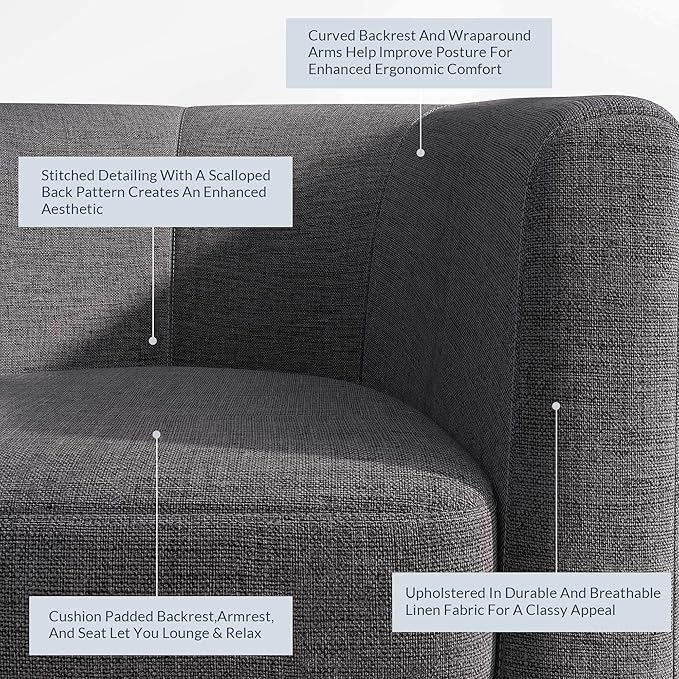 BELLEZE Living Room Chairs Set of 2, Linen Round Accent Barrel Chairs, Club Tub Sofa Chairs for Bedroom, Corner Chairs with Flared Legs and Cozy Soft Padding - Highland (Gray)