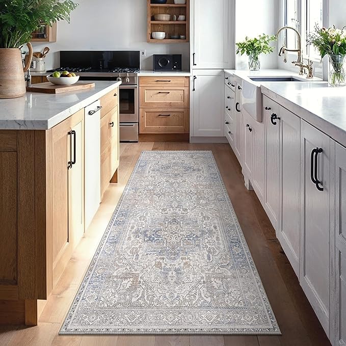 GENIMO 2x5 Runner Rugs for Hallway, Machine Washable Non Slip Vintage Retro Rugs, Low Pile Lightweight Thin Print Rug for enrtyway, Corridor, Home Office, Kitchen, Khaki Blue