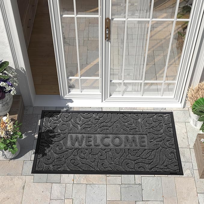 Yimobra Welcome Front Door Mat Outdoor, Heavy Duty Sturdy Non Slip Doormats, Rubber Backing, Low-Profile Entrance Rugs, Absorbent Resist Dirt, Easy Clean Patio Garage Floor Mats, 47X24 Inch, Grey