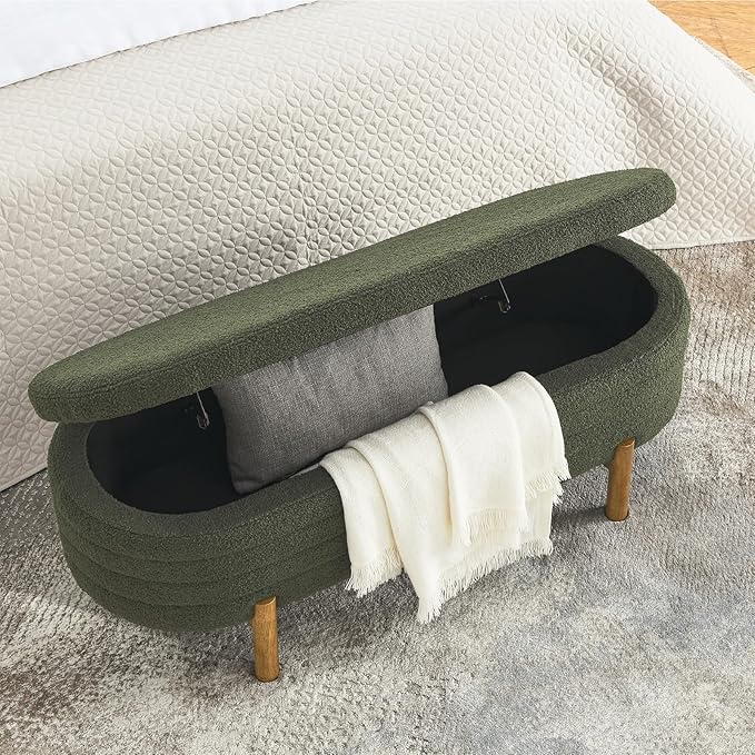 Furniliving 46” Storage Benches, End of Bed Bench with Button-Tufted Large Upholstered Storage Ottoman Teddy Window Bench with Storage Shoe Cabinet Bench, for Bedroom, Entryway, Closet, Green
