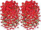 Artificial Faux Hanging Flowers Plants for Outdoor Decor,2 PCS Fake Silk Morning Glory with Eucalyptus Greenery UV Resistant Realistic Vines for Wall Home Porch Patio Balcony Yard Indoor Decor, Red