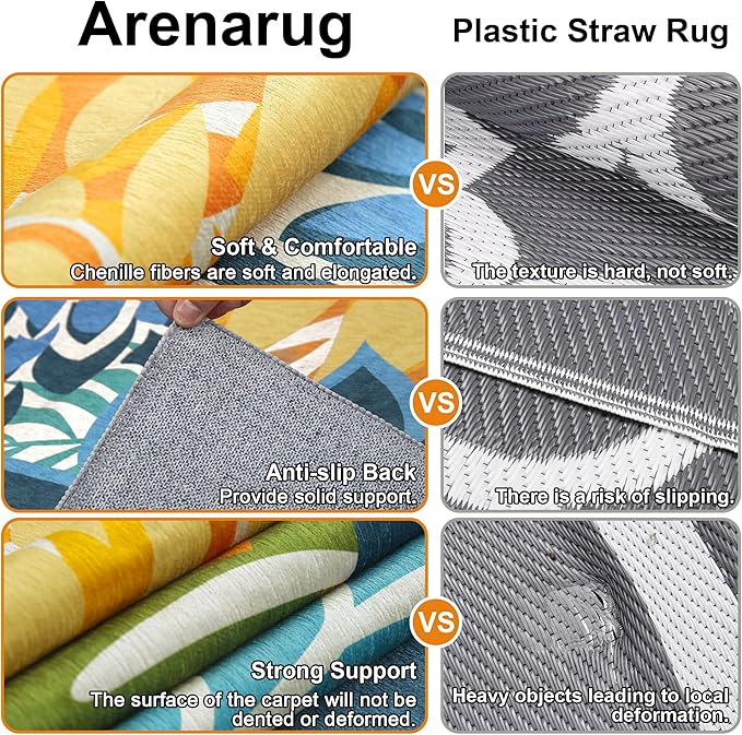 Indoor Outdoor Area Rug Washable Multicolored Patio Rug Tropical Botanical Modern Floral Indoor Outdoor Carpet Non Slip Yellow Green Rug Non Shedding for Patio, Deck, Backyard, Porch (6x9)