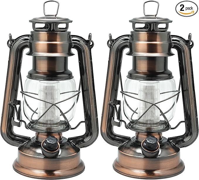 YAKii LED Vintage Lantern Metal Hanging Hurricane 12 LED Dimmer Switch Cold White Battery Operated Power Outage Indoor Camping Lighting Outdoor Brooklyn (Copper 2 Pack)