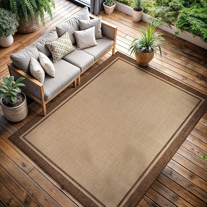 CAMILSON Outdoor Rug 8x10 Bordered Natural Brown Modern Area Rugs for Indoor and Outdoor Patios, Kitchen and Hallway Mats, Washable Porch Deck Outside Carpet (Border Jute, 8 x 10)