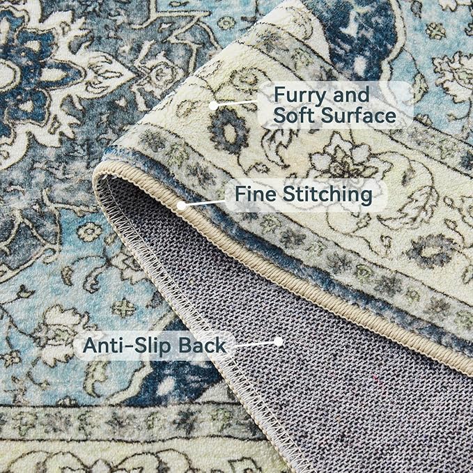 Topllen Runner Rug - 2'x10' Boho Washable Kitchen Rug, Non-Slip Soft Low Pile Rugs Indoor for Hallway Hall Living Room Bedroom Sunroom, Vintage Throw Stair Carpet Stain Resistance (Blue, 2x10ft)