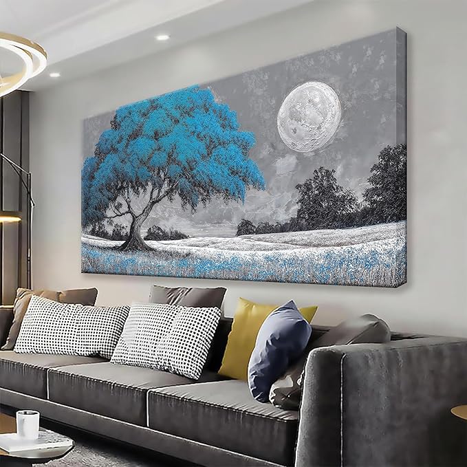 TAIJXAGSG Wall Art For Living Room Blue Tree Moon Canvas Art Wall Print Decor Artwork Print Painting 24" X 48" Modern Wall Art Picture For Bedroom Modern Salon Kitchen Office Home Wall Decor