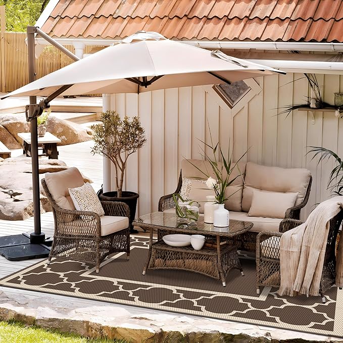 GENIMO 6' x 9' Outdoor Rug Waterproof for Patio Decor, Foldable Reversible Plastic Straw Area Rugs Mat for Camper, Outside Carpet for Rv, Deck, Porch, Picnic, Beach, Balcony, Coffee & Beige