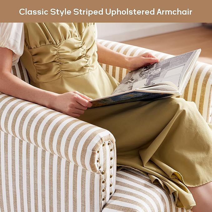 HUIMO Linen Fabric Accent Chair, Mid-Century Modern Armchair with Solid Wood Legs, Single Sofa Chair,Upholstered Reading Club Chair (1, Brown and White Stripe)