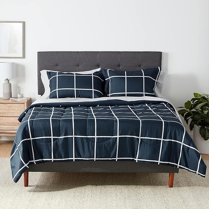 Amazon Basics Full/Queen Comforter Set with Sheets, 7-Piece Navy with Grey Plaid Bedding, Lightweight Microfiber Bed-in-a-Bag