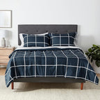 Amazon Basics Full/Queen Comforter Set with Sheets, 7-Piece Navy with Grey Plaid Bedding, Lightweight Microfiber Bed-in-a-Bag