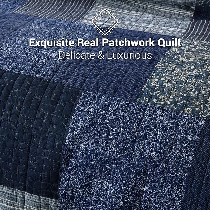 Yvooxny Quilts King Size Reversible Lightweight Bedspread 3-Piece Quilt Set Plaid Floral Patchwork 100% Cotton King Quilt Set Bedding Set with Pillow Shams for All Seasons, Azure Blue, 98x106''