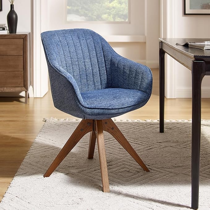 Art Leon Desk Chair - Mid Century Modern Office Chair No Wheels, Swivel Accent Chair with Oak Wood Legs, Fabric Upholstered Arm Chair, Blue