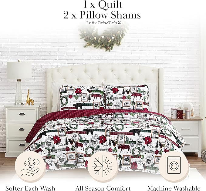 Southshore Fine Living, Inc. Twin Size Christmas Quilt with Matching Pillow Sham, Holiday Bedding Set, Twin/Twin XL Holiday Quilt Set, Reversible Red Plaid Quilt Over Rustic Cabin Print