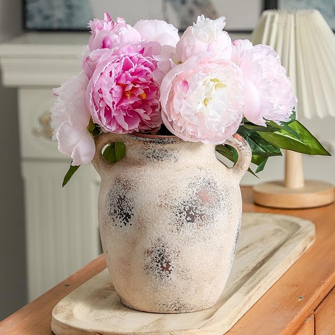 Enra Rustic Farmhouse Vase with Handle,7.8 Inch Pottery Decorative Flower Vase for Home Decor,Large Vintage Terracotta Vase for Table, Living Room, Bathroom Decoration, Shelf Decor, Mantel