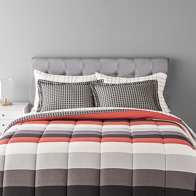 Amazon Basics Full/Queen Comforter Set with Plaid, Striped Sheets, 7-Piece Red Simple Stripe Bedding, Lightweight Microfiber Bed-in-a-Bag