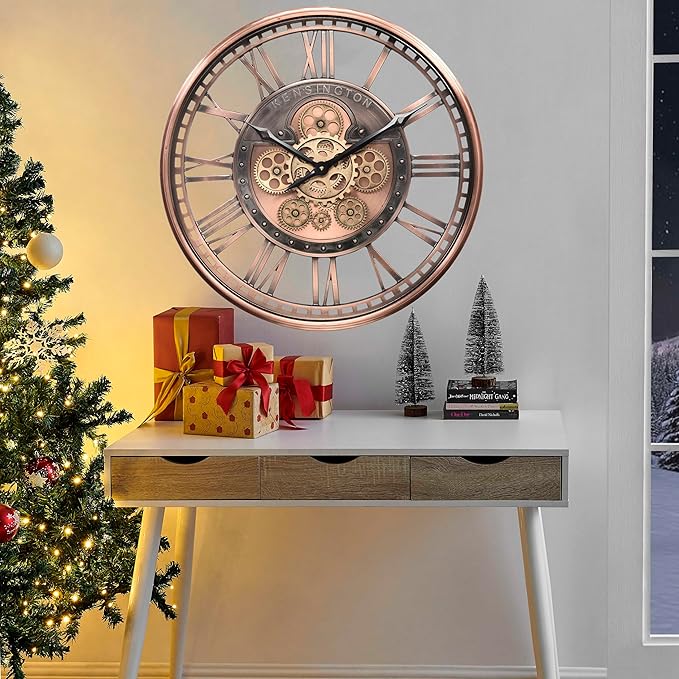 CLXEAST 21 Inch Large Roman Numeral Wall Clock with Moving Gears,Farmhouse Copper Rose Gold/Copper Metal Wall Clocks for Living Room Decor,House Warming Gifts New Home